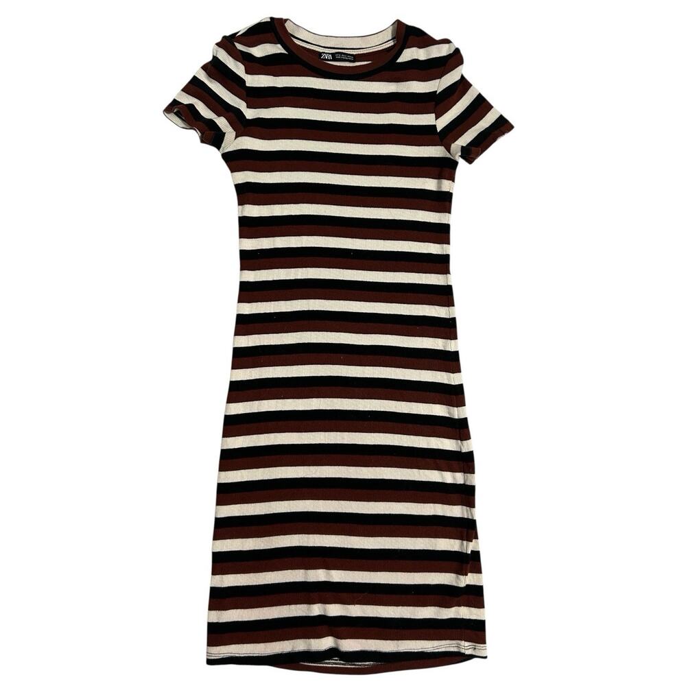 Zara Womens Sz S Red Black White Striped tee shirt Dress retro classic comfort